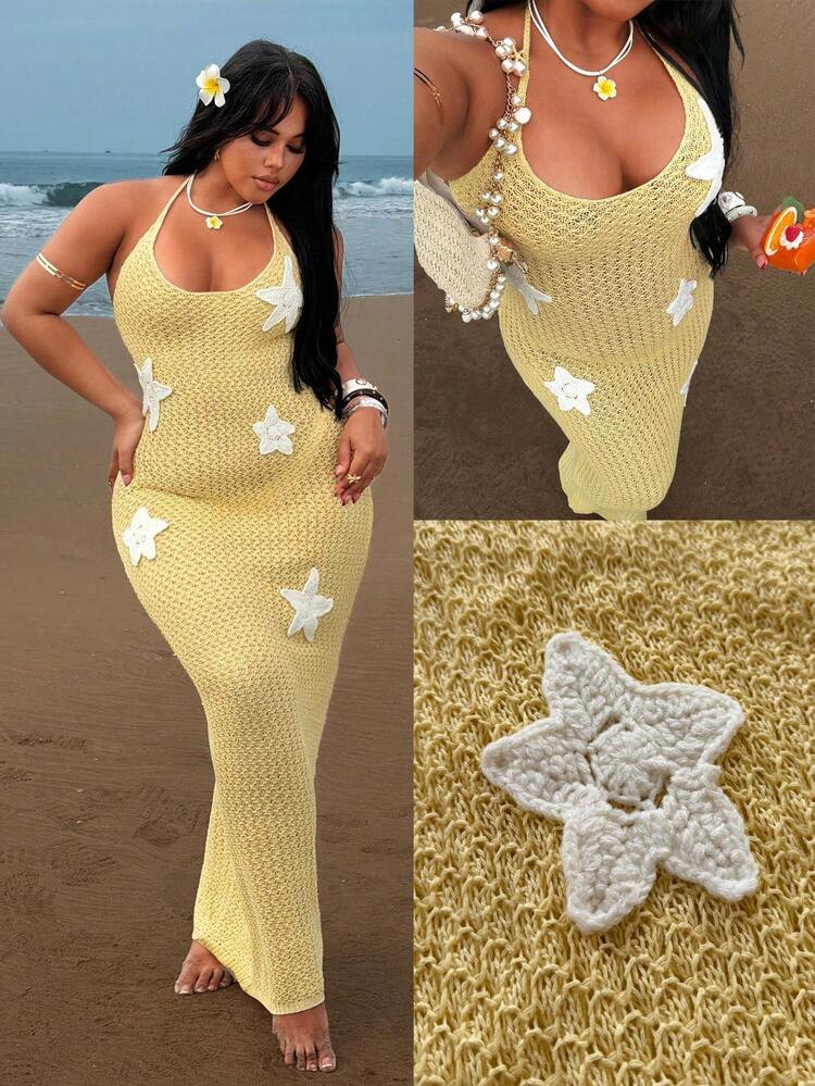 Rustia Plus Size Women Spaghetti Strap Tie-Up Crochet Starfish Pattern Knit Casual Maxi Dress, Suitable For Vacation Wear, Spring/Summer/Autumn, Beach Holiday Outfit,Plus Size Yellow Knitwear Long Sweater Dress With Starfish Detail Semi-Sheer Scoop Neck Sleeveless Beachwear | SHEIN