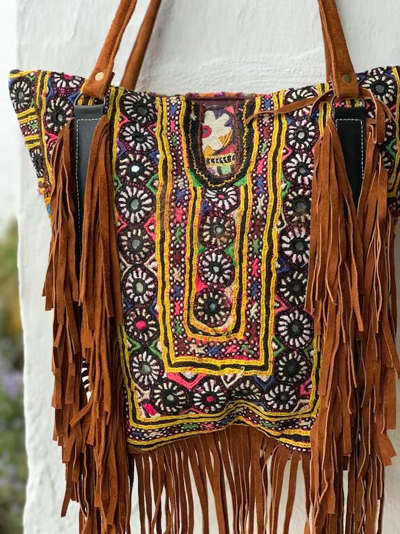 Boho girl banjara bag with beads and coins and brown leather fringes | Etsy (NL)