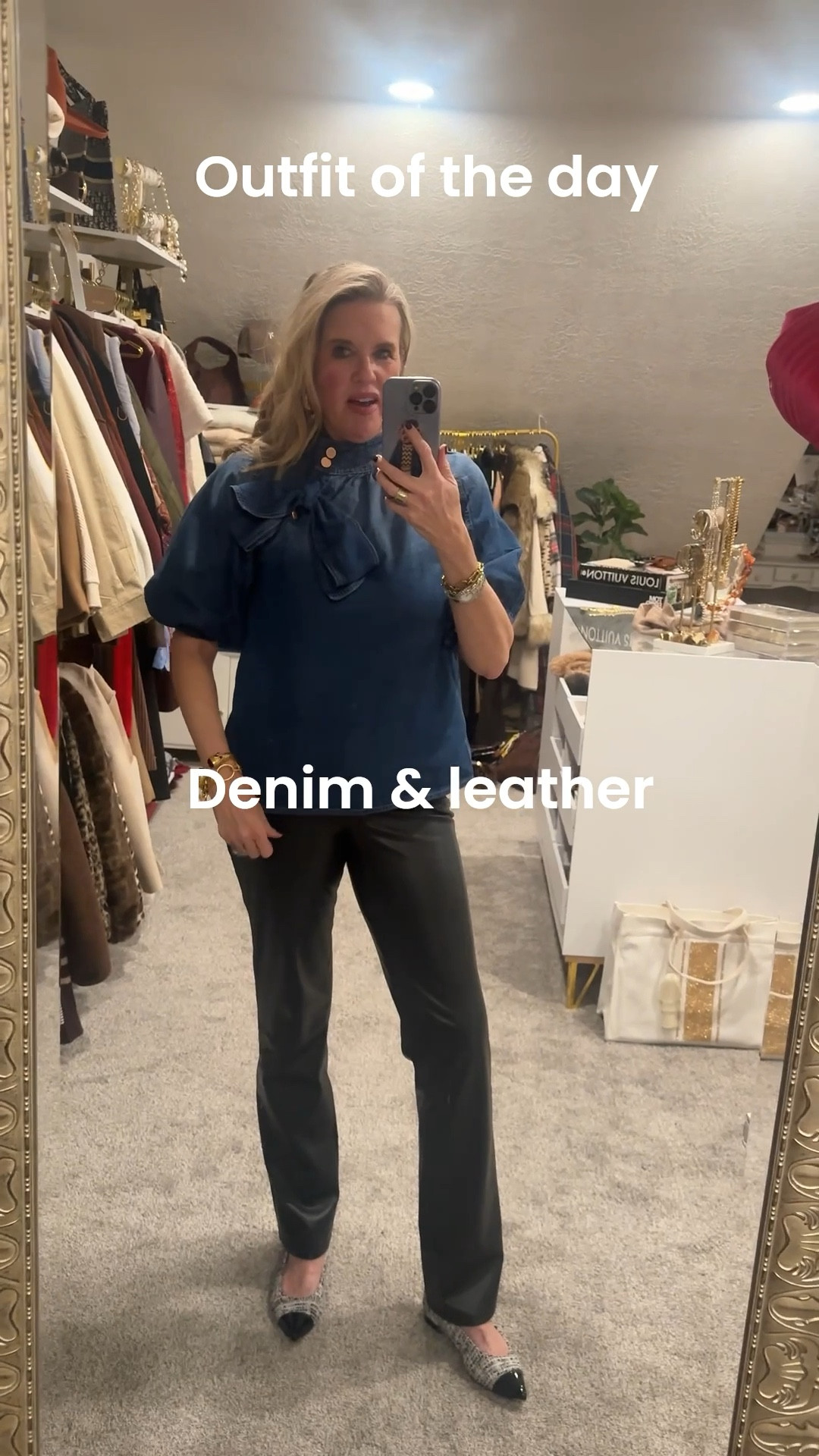 Denim and leather

A great outfit combo for work wear add a blazer,
Datenight, coffee with a friend you name it this outfit can take you there✔️

Denim top with bow Amazon find tts in a med

Straight leg leather pants 
Sculpt fit by NYDJ tts 

Ally tweed and leather cap toe shoes

Jjulie Vos earring s and bracelets


#LTKWorkwear #LTKOver40 #LTKootd