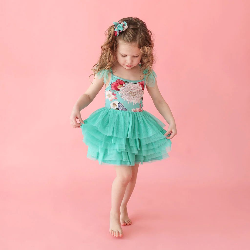 Floral Green Ruffled Smocked Girl Tulle Dress | Nikki Danielle | Posh Peanut