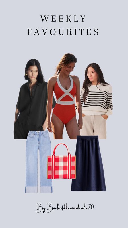 Weekly Favourites, Spring Summer Style, Summer Outfit Inspiration, Red Swimsuit, Abercrombie Jeans, Linen Shirt, Linen Midi Skirt, Canvas Tote Bag 

#LTKstyletip #LTKSeasonal #LTKeurope