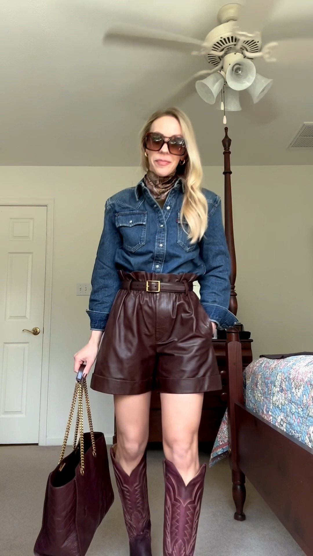 This denim shirt has shoulder pads! So flattering and the dark wash is gorgeous 

Western fall outfit, denim shirt, leather shorts, burgundy cowboy boots

#LTKSeasonal #LTKOver40 #LTKSaleAlert