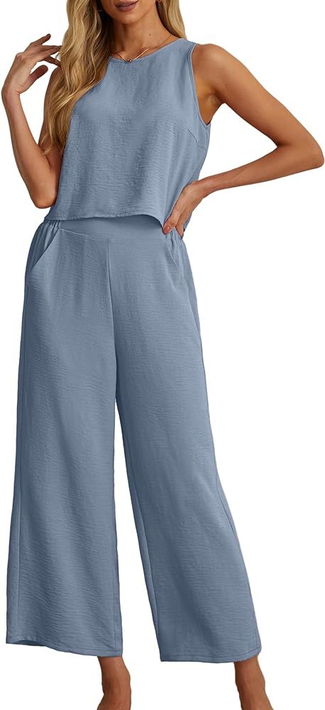 IWOLLENCE Women's Summer 2 Piece Outfits Set Round neck Sleeveless Tank Crop Top Wide Leg pants S... | Amazon (US)