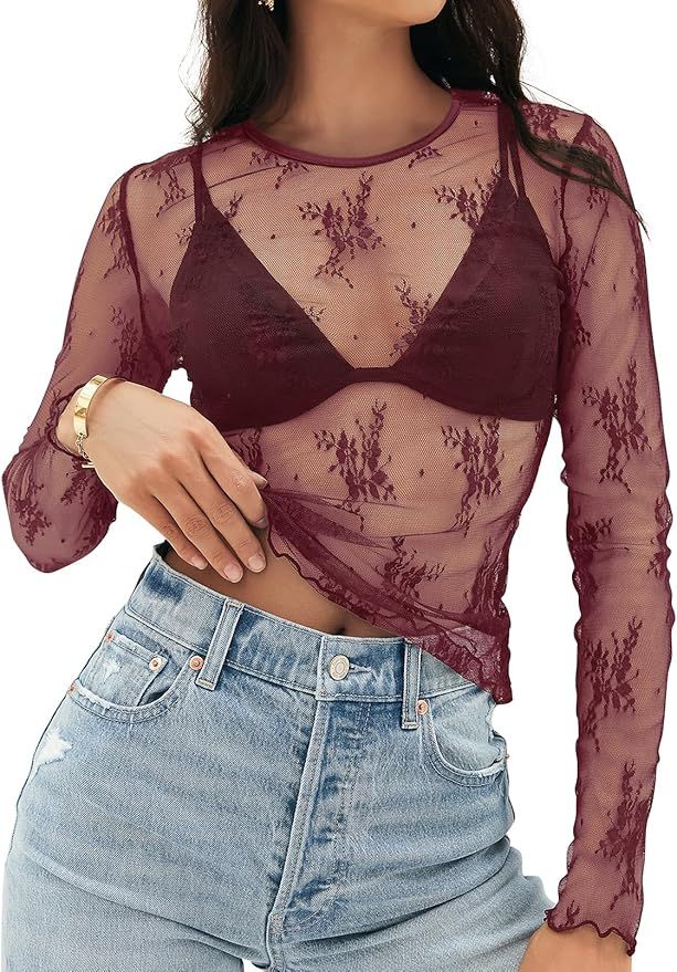 MEROKEETY 2024 Womens Lace Sheer Mesh Long Sleeve Top Crewneck Sexy Y2k See Through Blouse Shirts | Amazon (US)