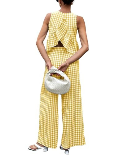 codcm Women's 2 Piece Gingham Set Summer Outfits Ruffle Tank Top and Wide Leg Pants Matching Loun... | Amazon (US)