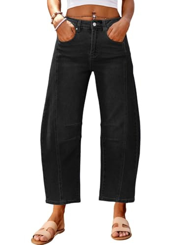 Genleck Barrel Jeans Women Wide Leg Cropped Jeans High Waisted Baggy Boyfriend Mom Denim Ankle Pants with Pockets（Nature Black,16） | Amazon (US)