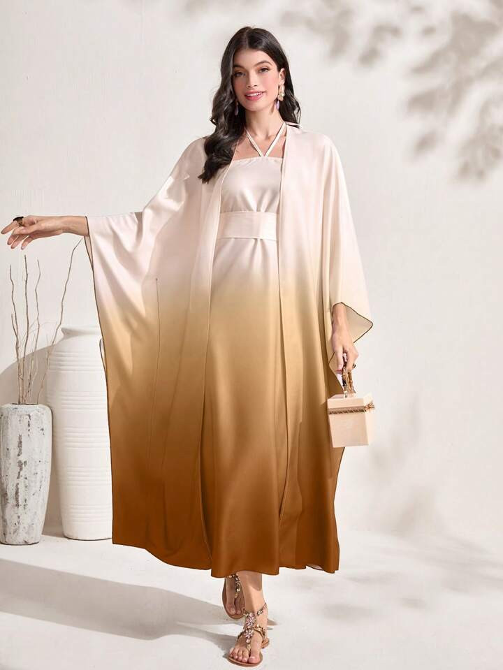 SHEIN Najma Ombre Print Halter Batwing Sleeve Abaya Set | SHEIN