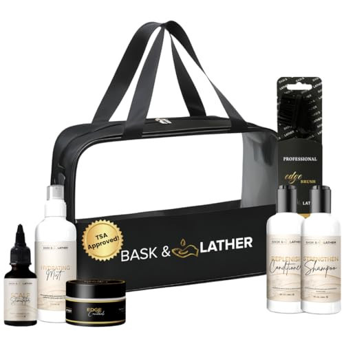Bask & Lather On the Go Travel Essential Kit, Hydrating Hair Products for Black Hair, Travel Case With Shampoo & Conditioner, Mist, Edge Control, Scalp Stimulator & Edge Control Brush, TSA Accepted | Amazon (US)