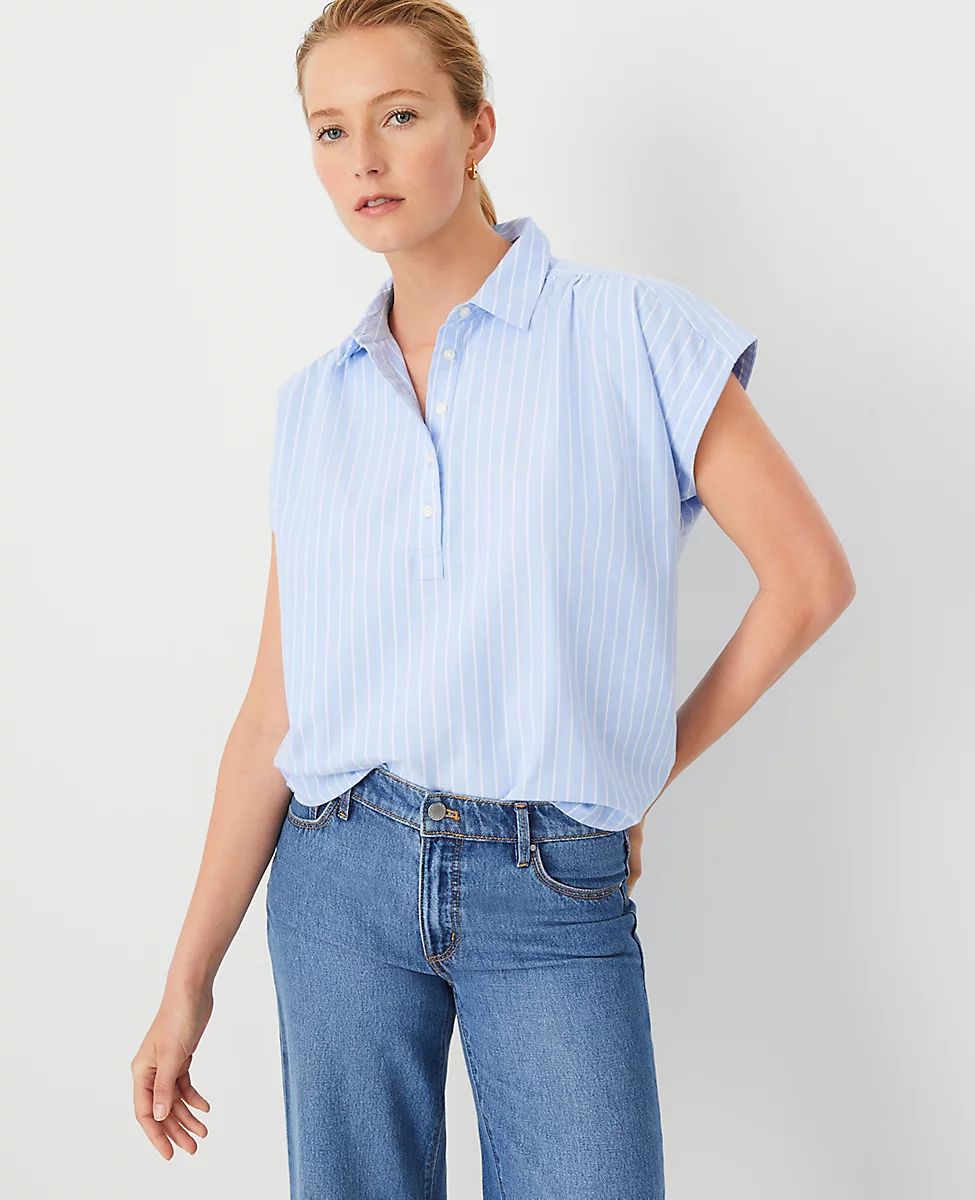 Petite AT Weekend Striped Cotton Shirred Shirt | Ann Taylor (US)