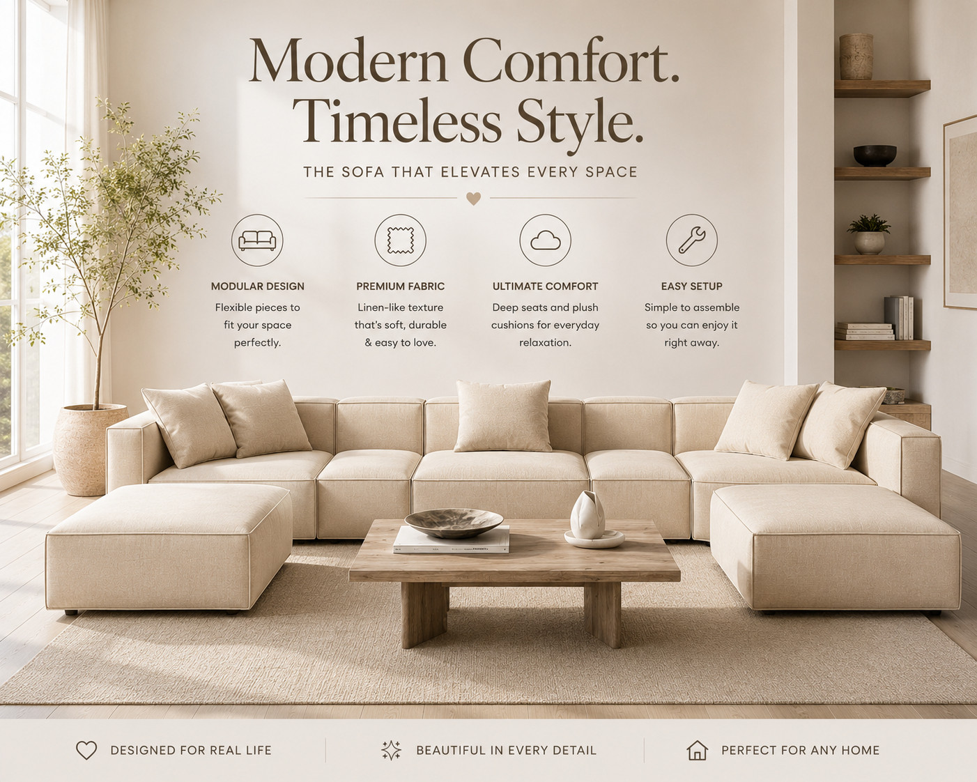 This sofa is giving luxury minimalist dream home ✨
The soft cream tone, modular layout, and oversized seats make the whole space feel calm, expensive, and effortlessly modern.

I love how clean and architectural this design looks while still feeling super cozy and livable 🤍

Literally the kind of sofa that makes your home look Pinterest-worthy instantly.

#ltkhome #modernhome #cozyhome #interiordesign #amazonhome 

 #LTKHome