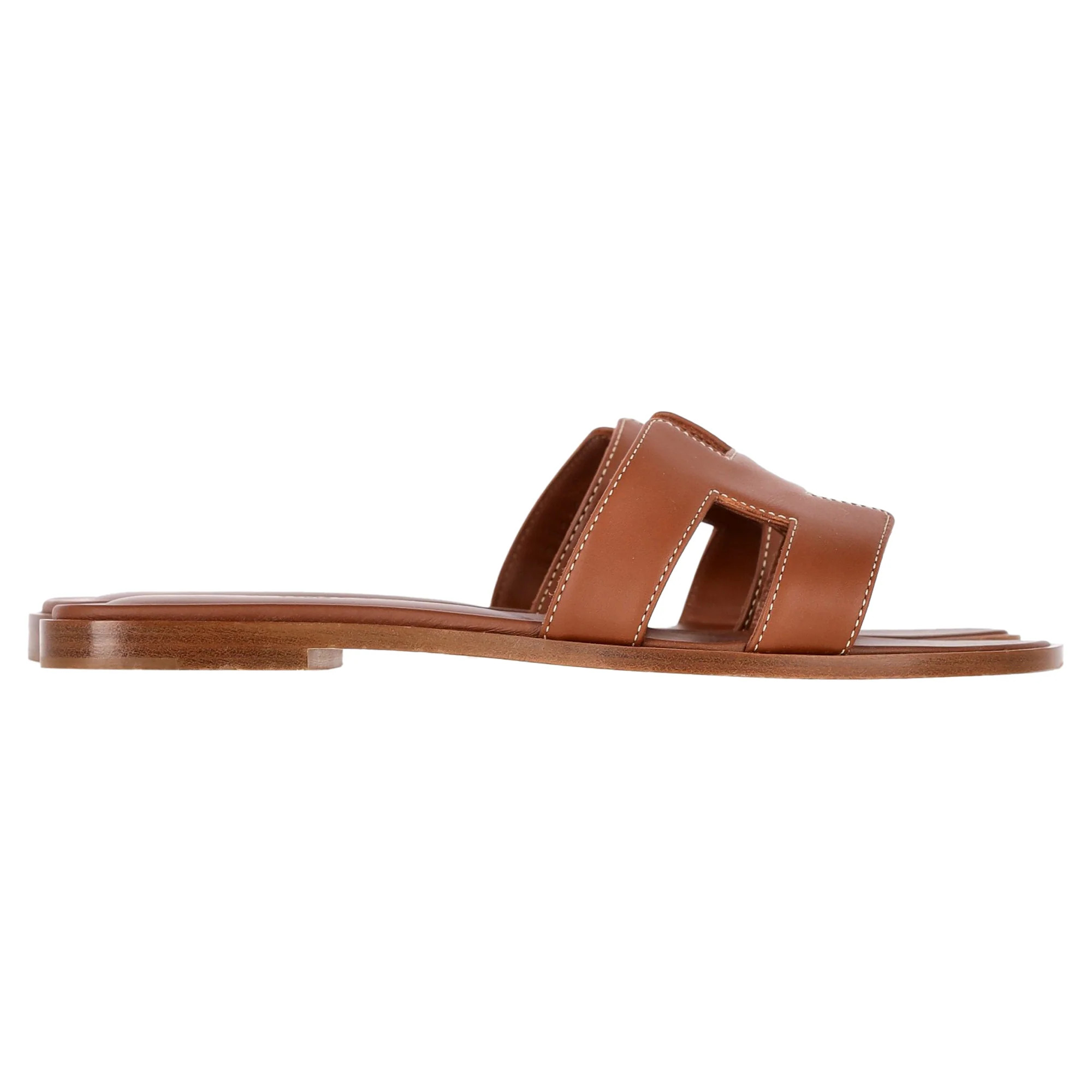 Hermès Oran Flat Slides in Brown Leather | Shop Simon