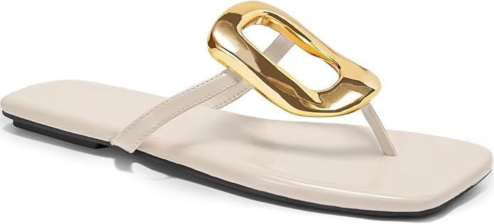 Womens Summer Square Toe Flip Flops Flat Sandals Slip On Shoes Slide Sandals with Gold Metal Deco... | Amazon (US)