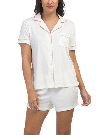 Ribbed Short Sleeve Notch Collar Shorts Set | TJ Maxx