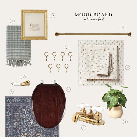 Mood board for our bathroom refresh. I’m taking a bedsheet and turning it into a shower curtain. The height is going to be dramatic. 🤩 Find the swan vintage art at prettypaperandcomarket.com

#LTKFind #LTKhome #LTKfamily