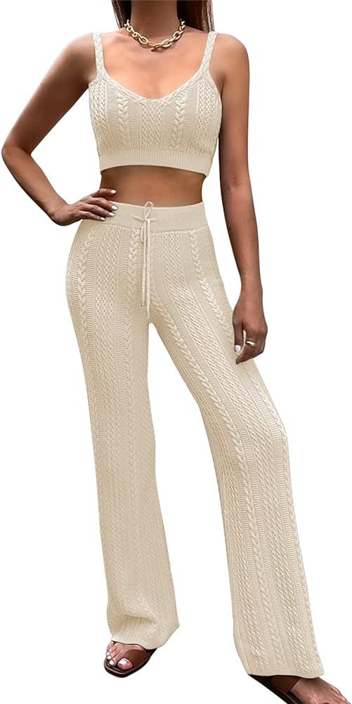 Fixmatti Women Knitted Outfits High Neck Sweater Wide Leg Pant Set 2 Pieces Sweatsuit | Amazon (US)