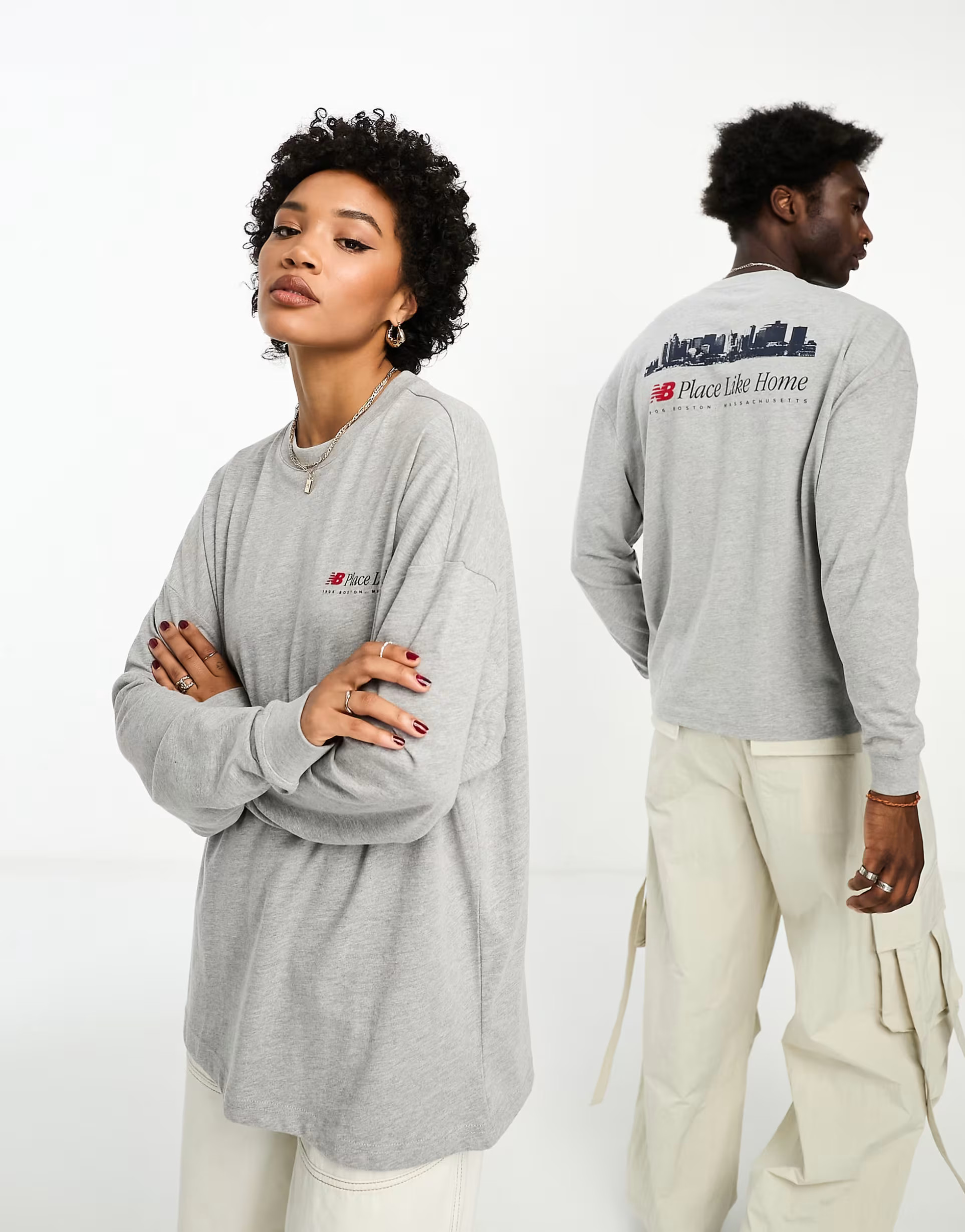 New Balance NB Place Like Home oversized unisex long sleeve t-shirt in gray heather and navy - Ex... | ASOS (Global)