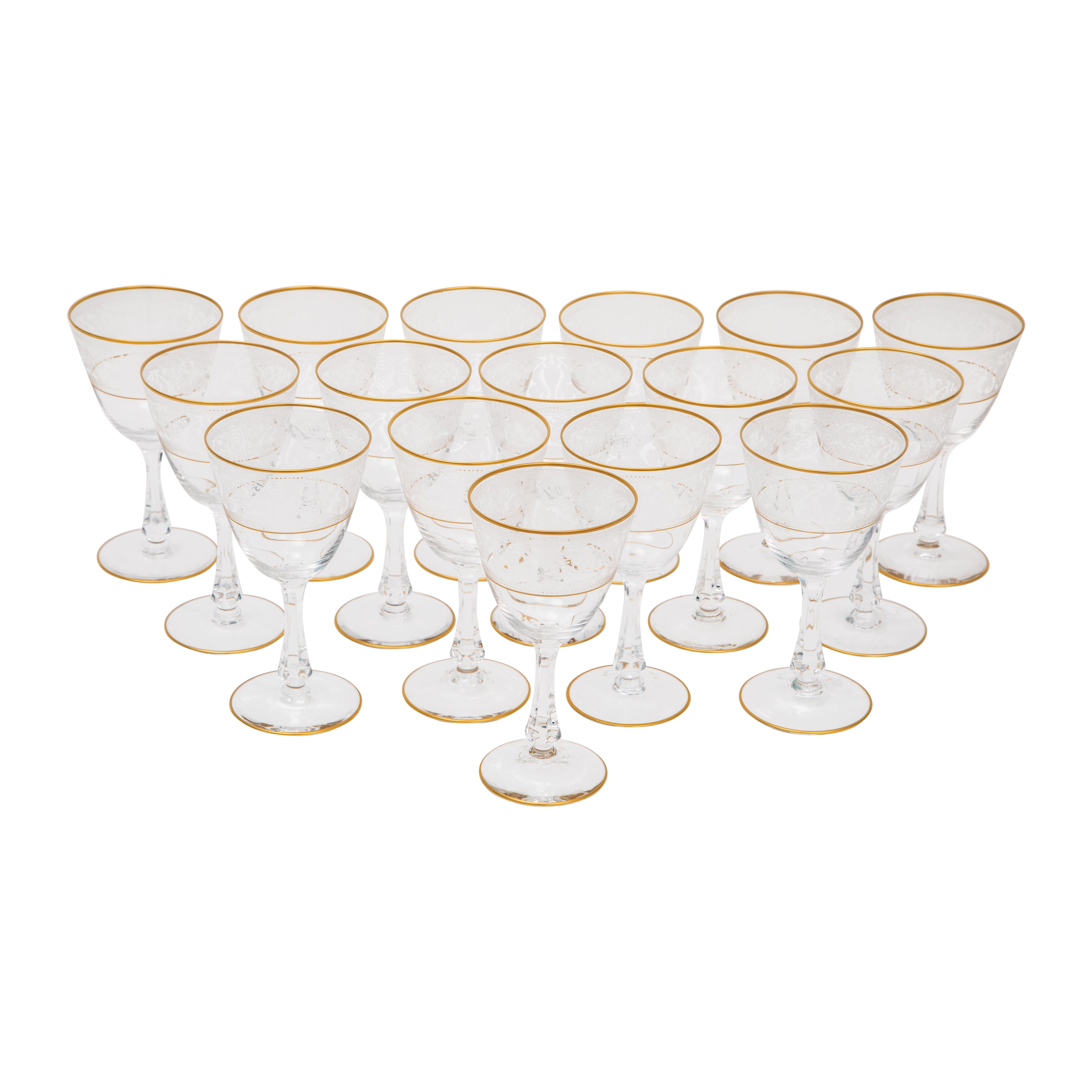 16 Vintage Wine Glasses, Double 24 Karat Gold Trim With Etched Design Cut Stem | 1stDibs