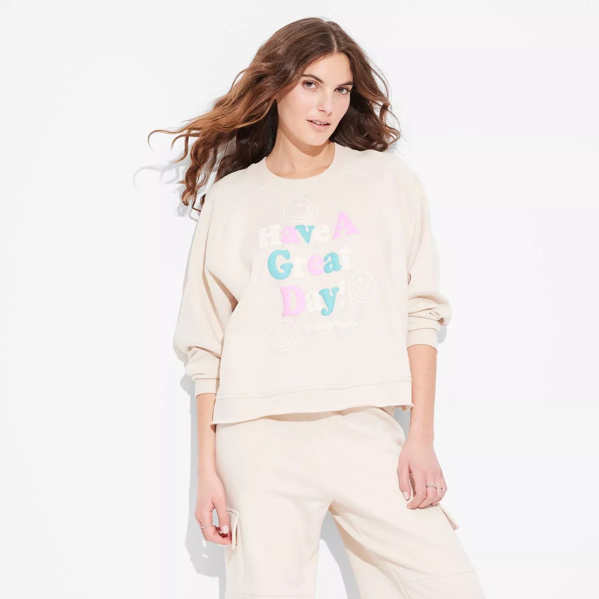 Women's Great Day SmileyWorld Graphic Sweatshirt - Beige | Target