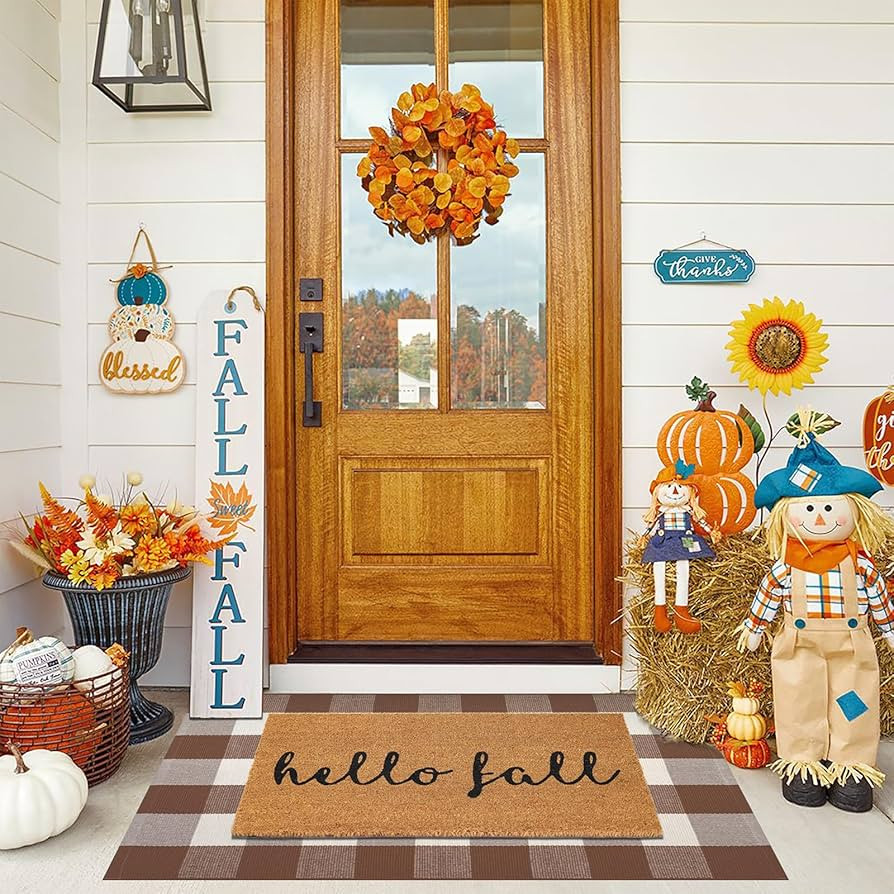 Fall Door Mat Combo Set, Hello Fall Coco Coir Welcome Doormat + 28" x 43" Mocha and White Plaid R... | Amazon (US)