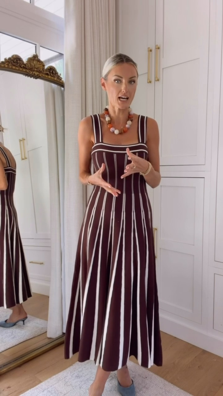 How stunning is this sweater dress! I am loving the pleated detail and the fabric. The most perfect fall dress in this chocolate brown! Wearing S

Loverly grey, brown striped midi maxi dress, brown fall dress women, fall outfit ideas, fall wedding guest outfit

#LTKSeasonal