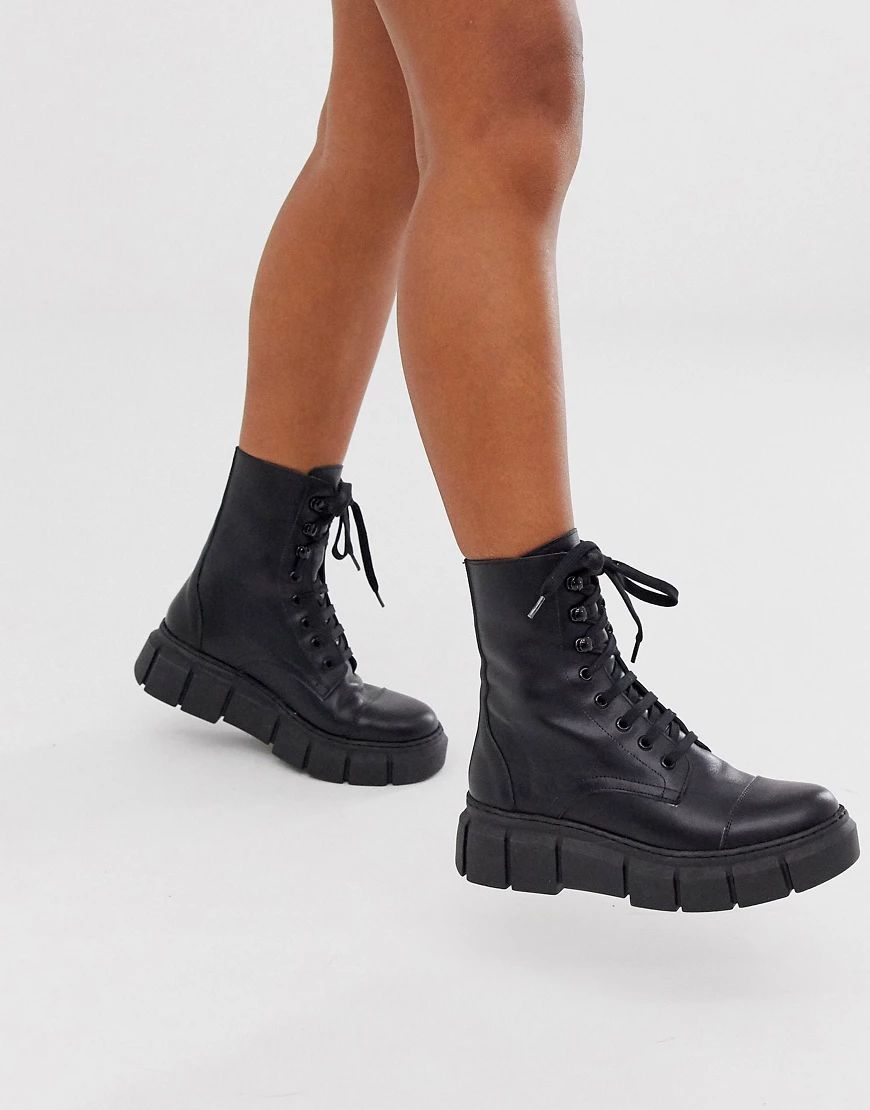 Kaltur black leather chunky flat boots | ASOS (Global)