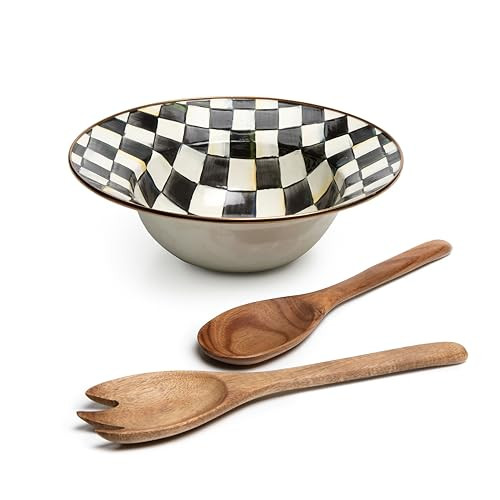 MACKENZIE-CHILDS Enamel Salad Serving Set, Enamel Bowl and Wooden Salad Servers, Decorative Kitchen Set, Black-and-White Courtly Check | Amazon (US)