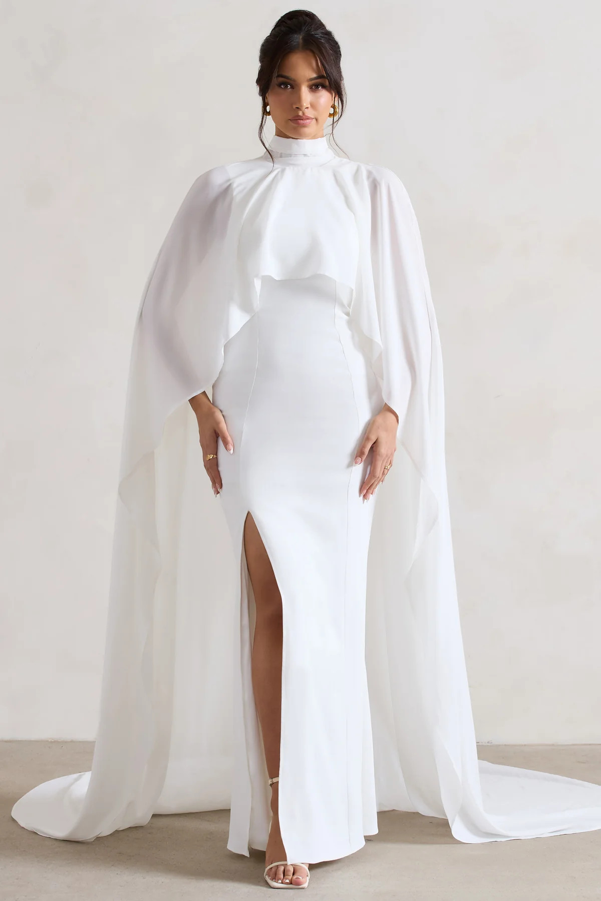 Saint | Cream Fishtail Split Maxi Dress With Chiffon Cape | Club L London