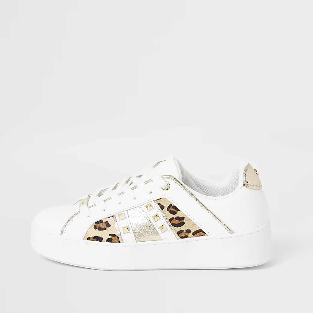 White leopard print studded side trainers | River Island (UK & IE)