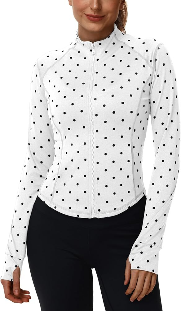 Women's Polka Dot Yoga Jacket Full Zip Slim Fit Workout Running Jacket with Thumbholes Athletic O... | Amazon (US)