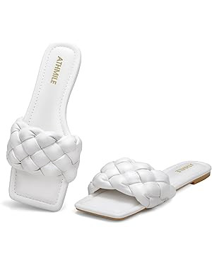 ATHMILE Braided Womens Sandals Square Open Toe Fashion Slide Sandals Women Dressy Summer Flat Bea... | Amazon (US)