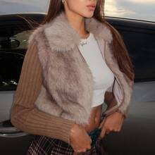 Women's Faux Fur Furry Coat, Fashionable For Autumn/Winter Faux Fur Jacket Women's Thickened And Warm Vintage Brown Stand-Up Collar Zipper Fur Sleeves | SHEIN