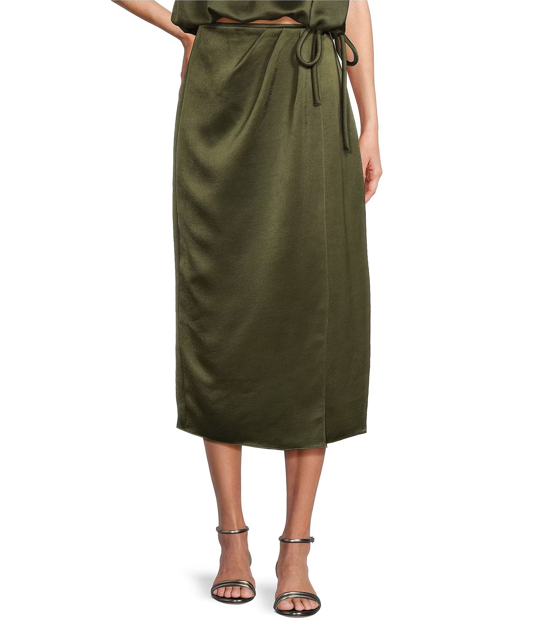 x Elizabeth Damrich Annie Draped Satin Tie Waist Midi Wrap Skirt | Dillard's