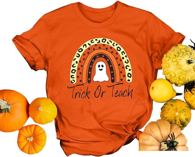 Trick Or Teach Shirt Women Halloween Teacher T-Shirts Rainbow Ghost Graphic Tees Tops Casual Lett... | Amazon (US)