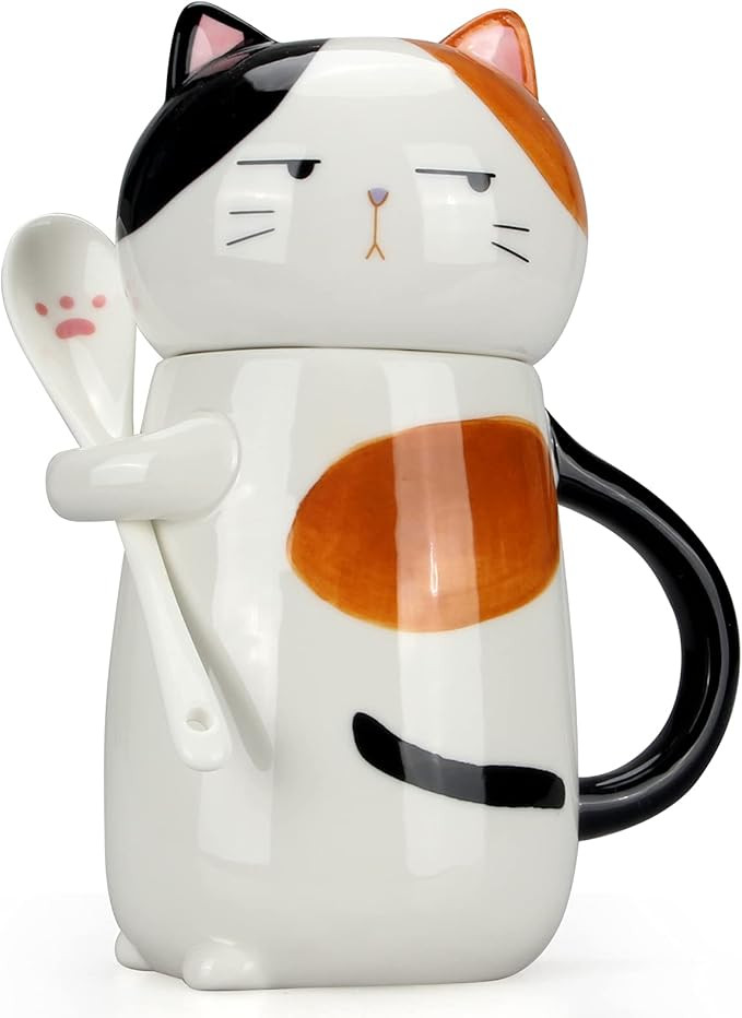 Large Cute Ceramic Coffee Mug with Lid and Spoon Fun Cat Cup for Women Ladies Unique 3D Kawaii Ca... | Amazon (US)