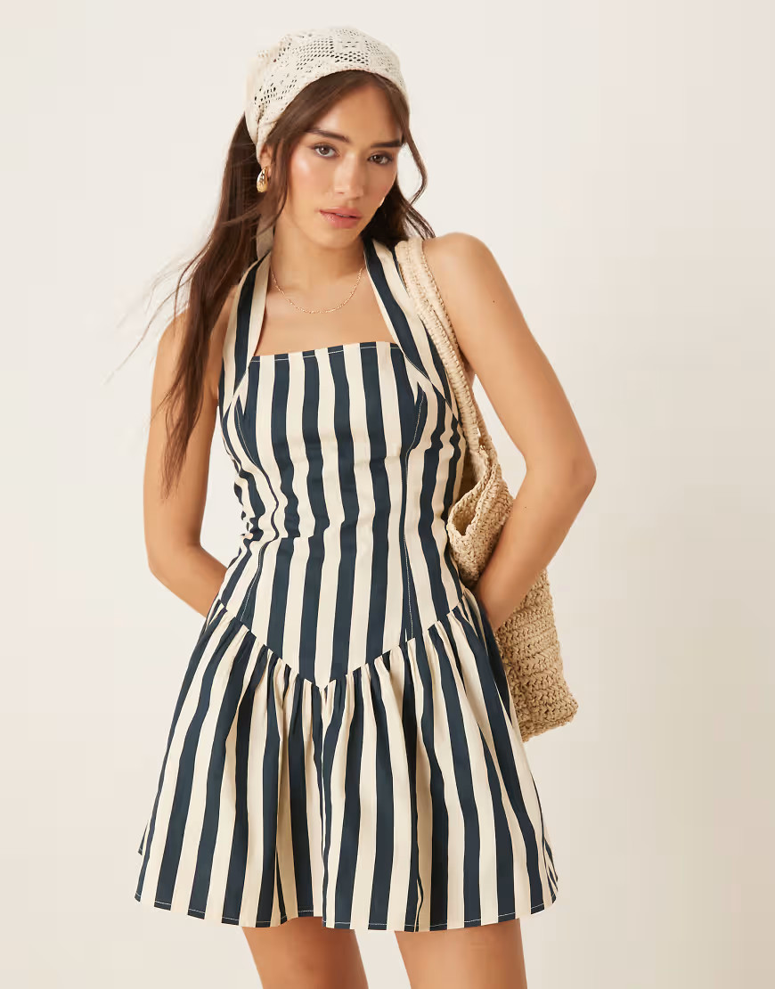 ASOS DESIGN halter mini dress with ruffle hem in stripe-Multi | ASOS (Global)