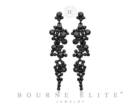 Jet Black 3.25" Tapered Crystal Earrings | Black Bridal Earrings | Black Prom Earrings | Black Pa... | Etsy (US)