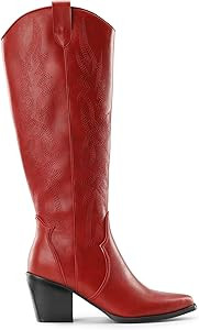 DREAM PAIRS Womens Cowboy Boots Wide Calf Comfortable Pull On Zipper Chunky Heel Pointed Toe Embr... | Amazon (US)
