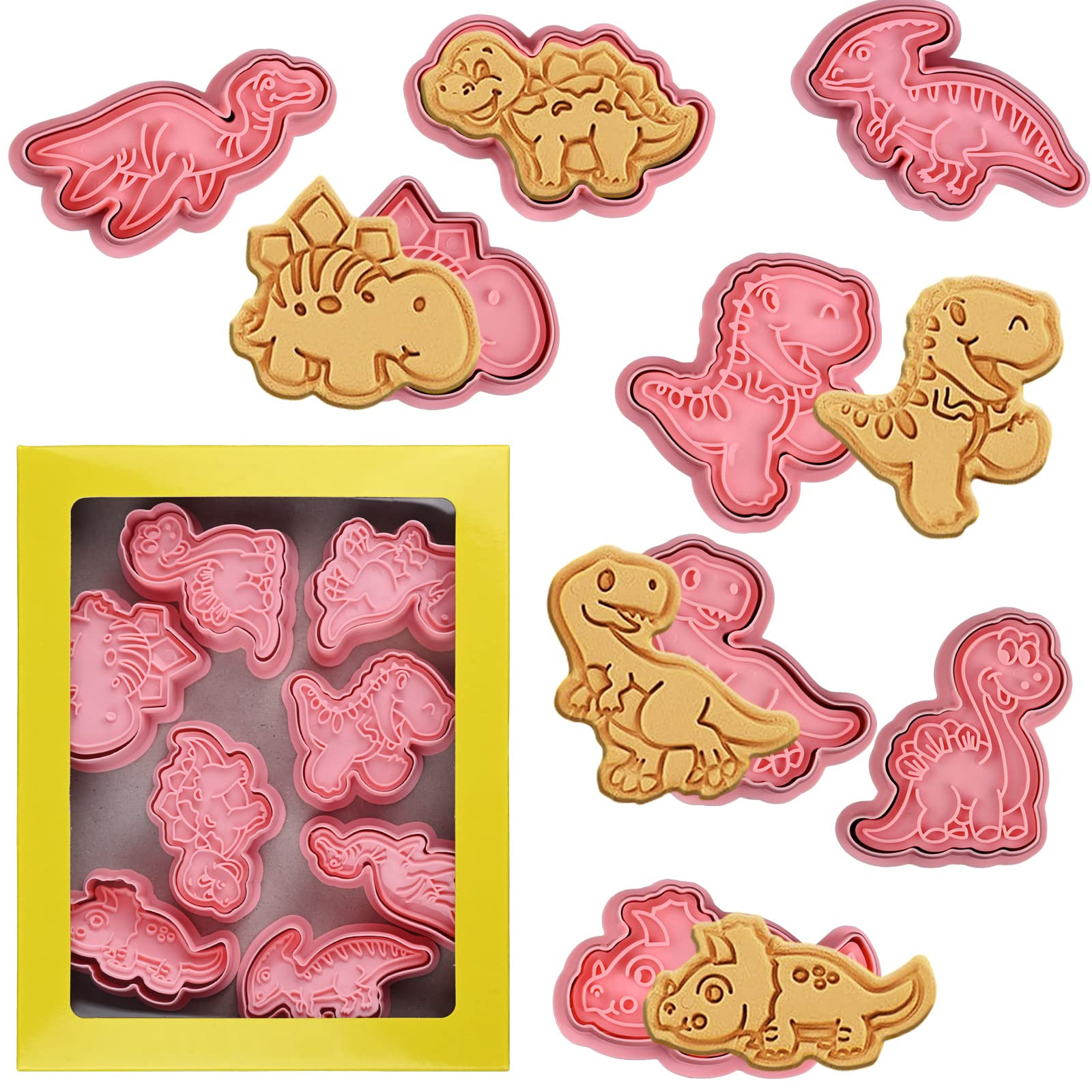 Dinosaur Cookie Cutters With Plunger Stampers Set,8 Piece 3D Dinosaur Embossing Cutters For Biscu... | Amazon (US)