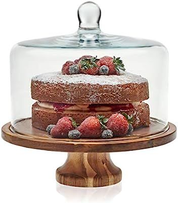 Libbey Acaciawood Footed Round Wood Server Cake Stand with Glass Dome | Amazon (US)