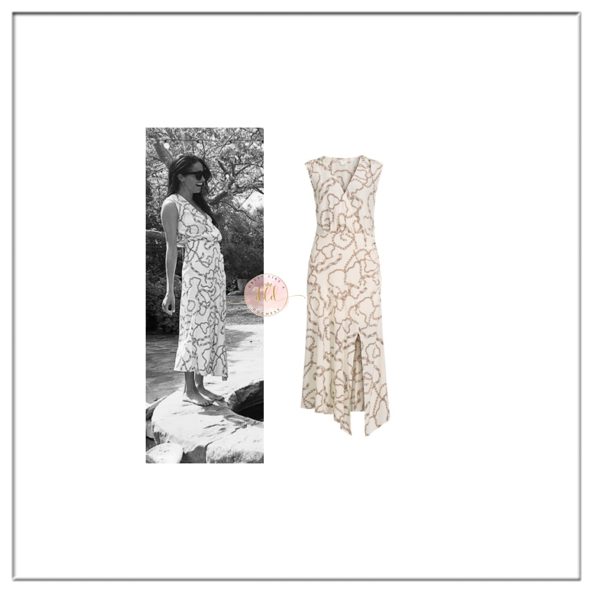 August 2025: Meghan Markle in a birthday tribute picture with Kelly Zajifen wearing Veronica Beard Wixson chain print dresss