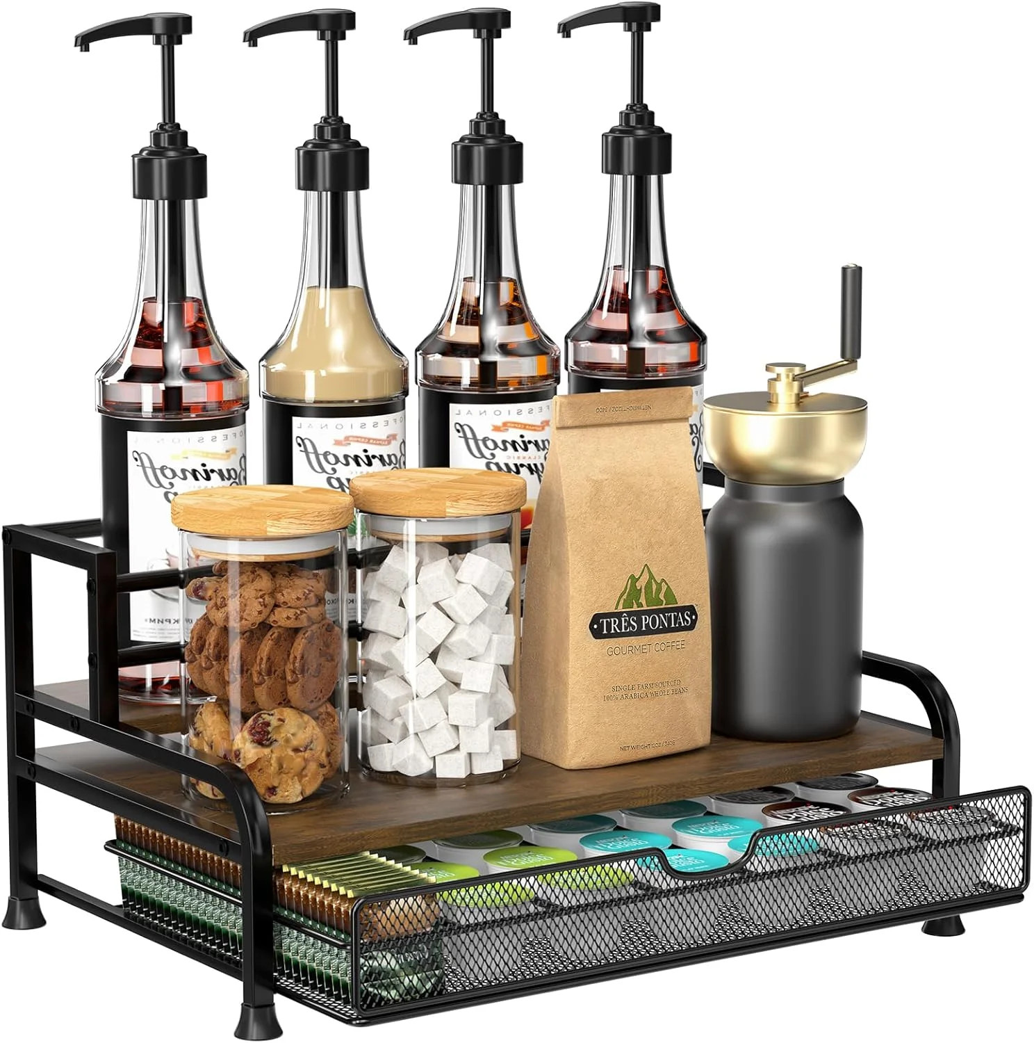 Coffee Syrup Rack Organizer, 3-Tier 8 Bottles Coffee Syrup Rack with 35 K Cup Storage Basket for ... | Walmart (US)