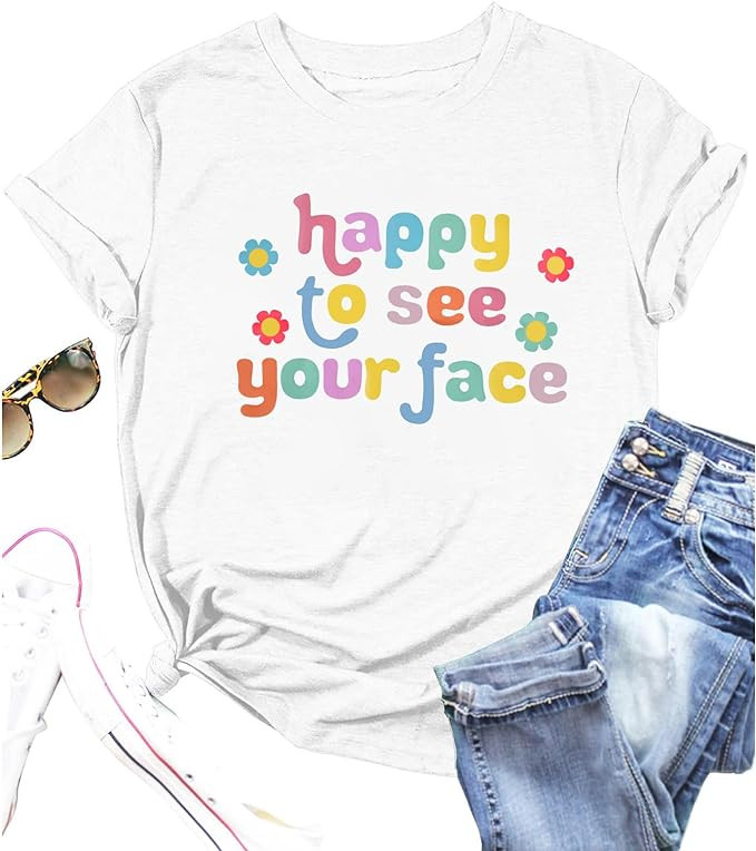 MOUSYA Teacher Shirt Women Happy to See Your Face Shirt Teacher Graphic Tees | Amazon (US)