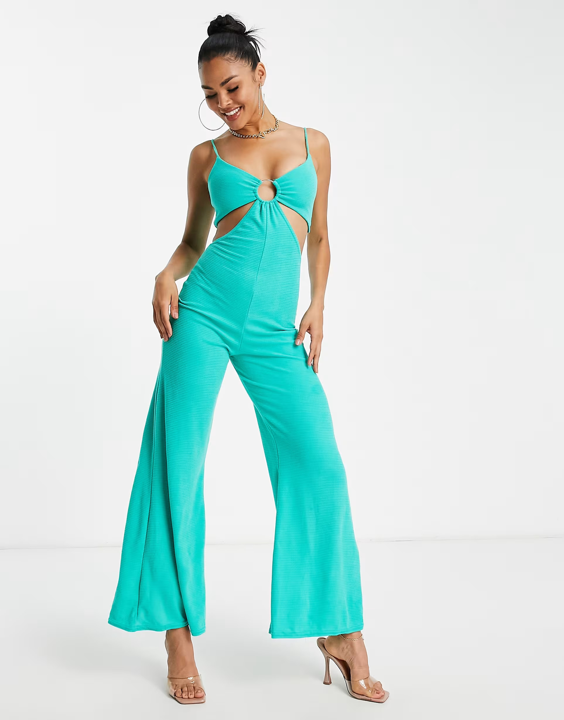 ASOS DESIGN ring detail cut out cami ribbed jumpsuit in green | ASOS (Global)