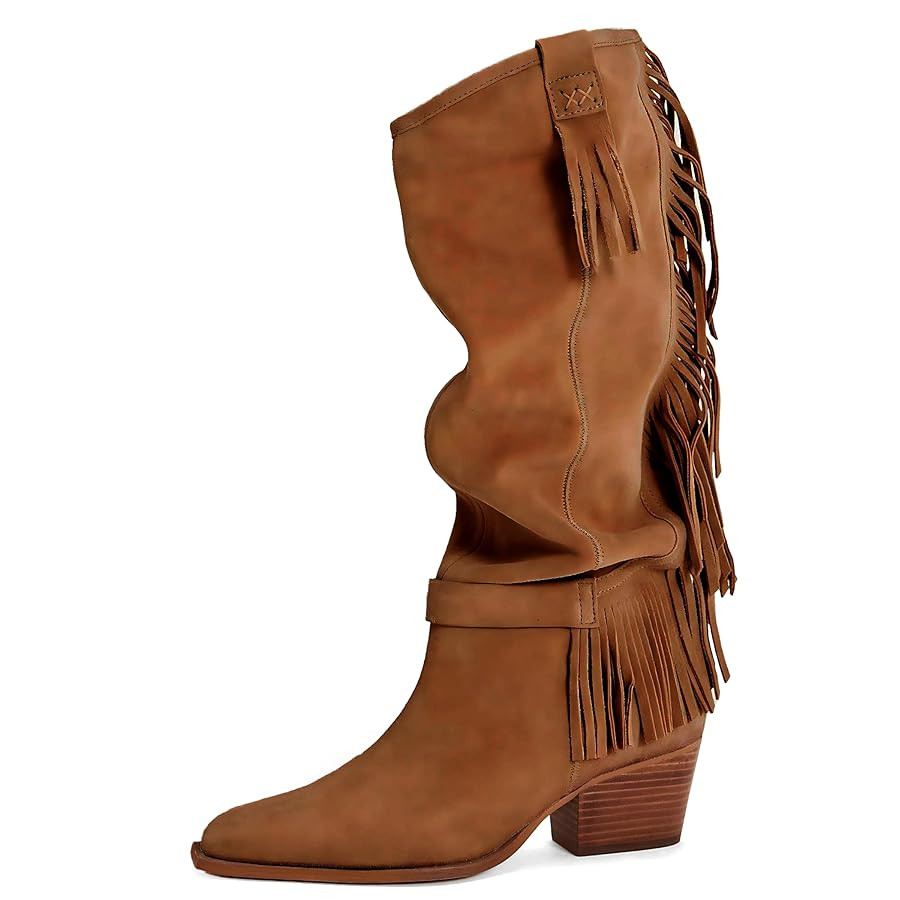 Suede Cowboy Boots Pull on Mid Calf Fringe Cowgirl Boots Retro Fall Western Boot Pleatd Slouchy B... | Amazon (US)