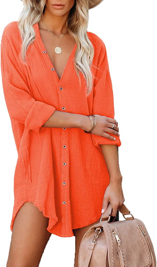 Paintcolors Women's Long Sleeve Cotton Button Down Tunic Dresses Beach Cover-ups Oversized Blouse... | Amazon (US)