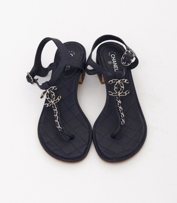 Authentic Chanel Navy Blue Leather Chain CC Logo Thong Sandals Sz EU 38,5 US 8,5 | eBay US