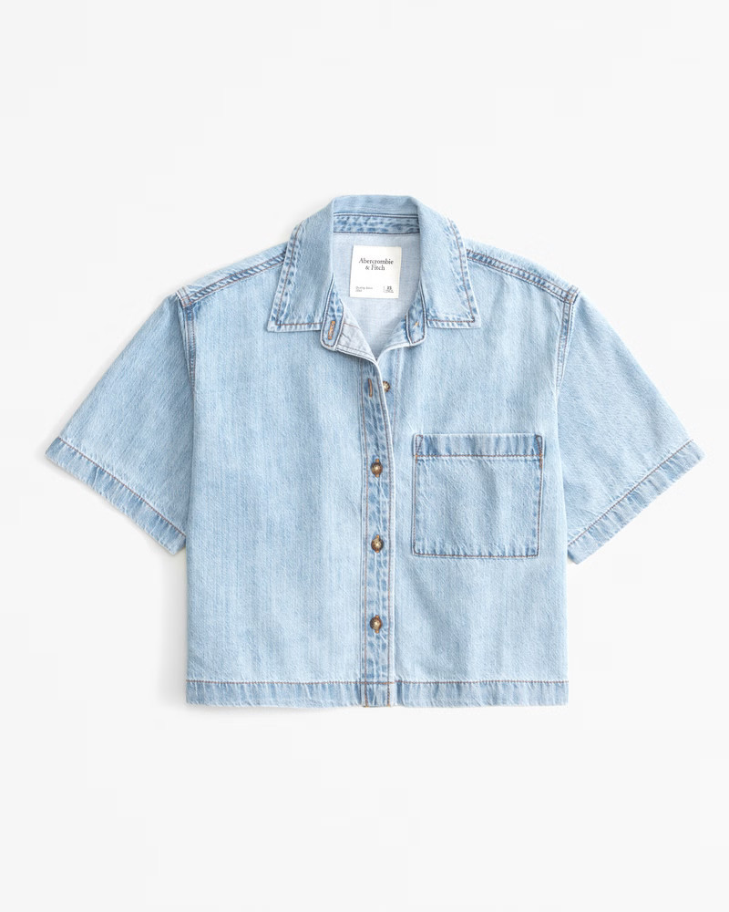 Abercrombie & Fitch Women's Short-Sleeve Denim Shirt in Medium Wash - Size XL | Abercrombie & Fitch (US)