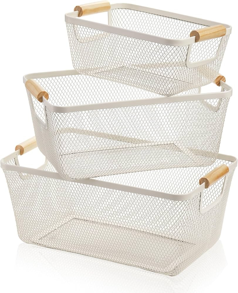 3 Pack Metal Mesh Baskets with Wood Handle, Iron Storage Organizer Baskets, White Wire Countertop... | Amazon (US)