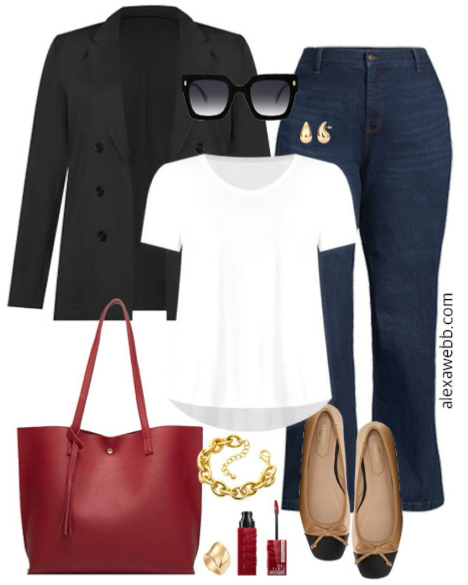 Plus Size Teacher Outfits 2024 - Part 1 - A plus size business casual outfit for teachers heading back to school this fall. A plus size black blazer, t-shirt, trouser jeans, cap toe flats, and a red tote bag. Alexa Webb

#LTKStyleTip #LTKShoeCrush #LTKPlusSize