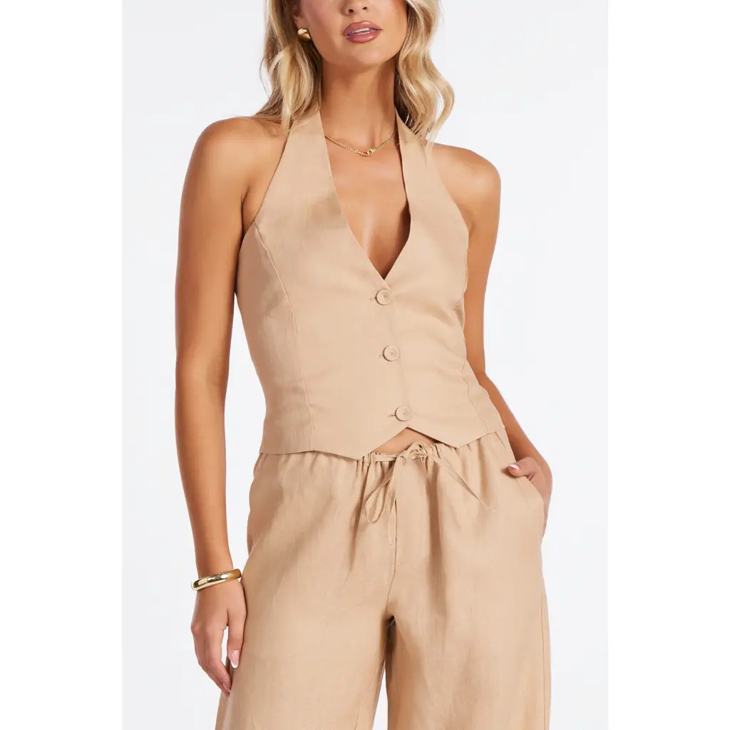 Bishop + Young Positano Linen Halter Vest in Golden at Nordstrom, Size Large | Nordstrom